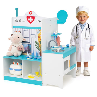 Wooden Toy Medical Center Playset with Faucet and ECG Monitor for Aged 3-6-Blue