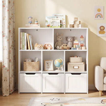 Wooden Toy Storage Organizer Kids Bookshelf with 5 Open Cubes and 3 Movable Drawers-White