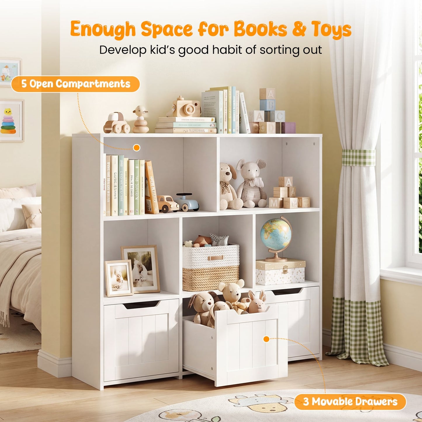 Wooden Toy Storage Organizer Kids Bookshelf with 5 Open Cubes and 3 Movable Drawers-White