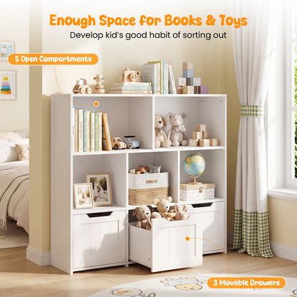 Wooden Toy Storage Organizer Kids Bookshelf with 5 Open Cubes and 3 Movable Drawers-White