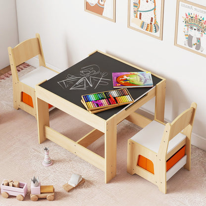 Wooden Activity Table with 2 Seats and Detachable Dual-Sided Tabletop-Natural
