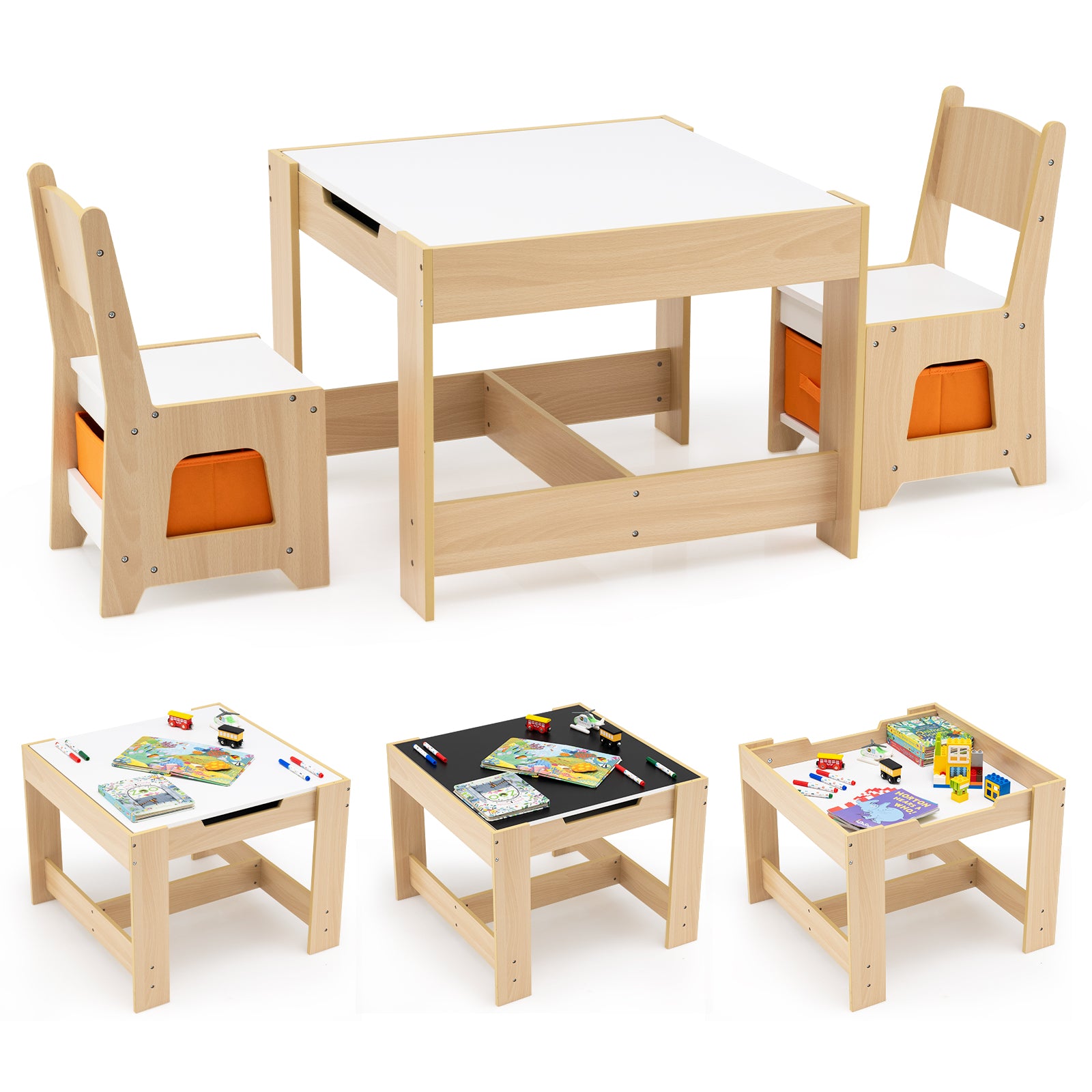 Wooden Activity Table with 2 Seats and Detachable Dual-Sided Tabletop-Natural
