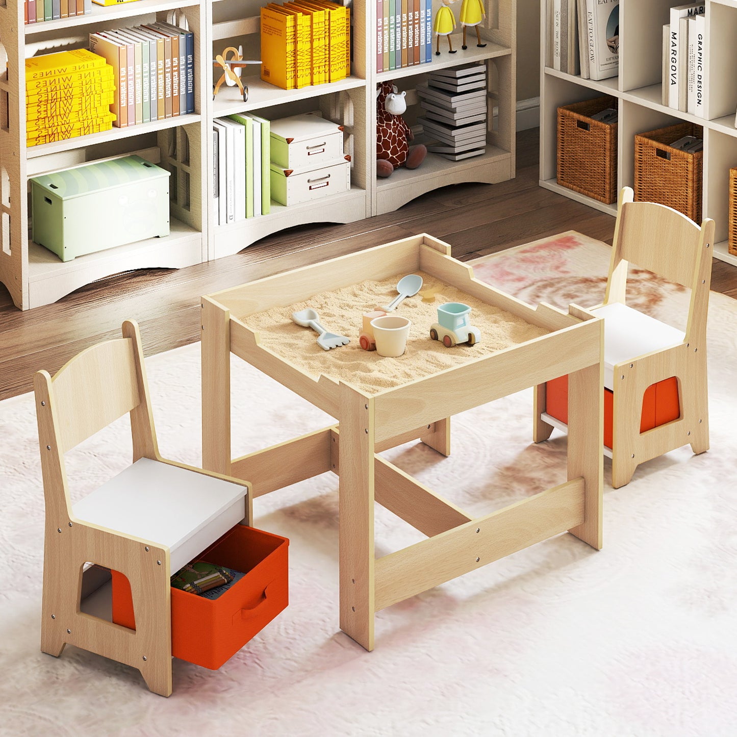 Wooden Activity Table with 2 Seats and Detachable Dual-Sided Tabletop-Natural