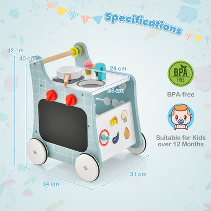 6-in-1 Wooden Baby Stroller Push and Pull Learning Activity Center-Blue