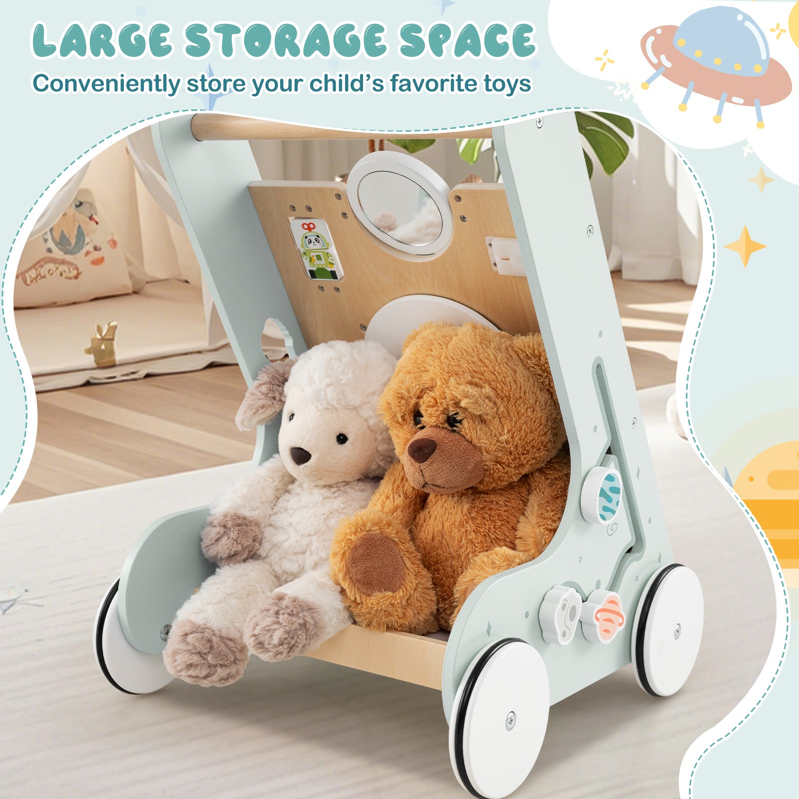 Wooden Baby Walker with Wheels for Boys and Girls 1+ Years Old-Green