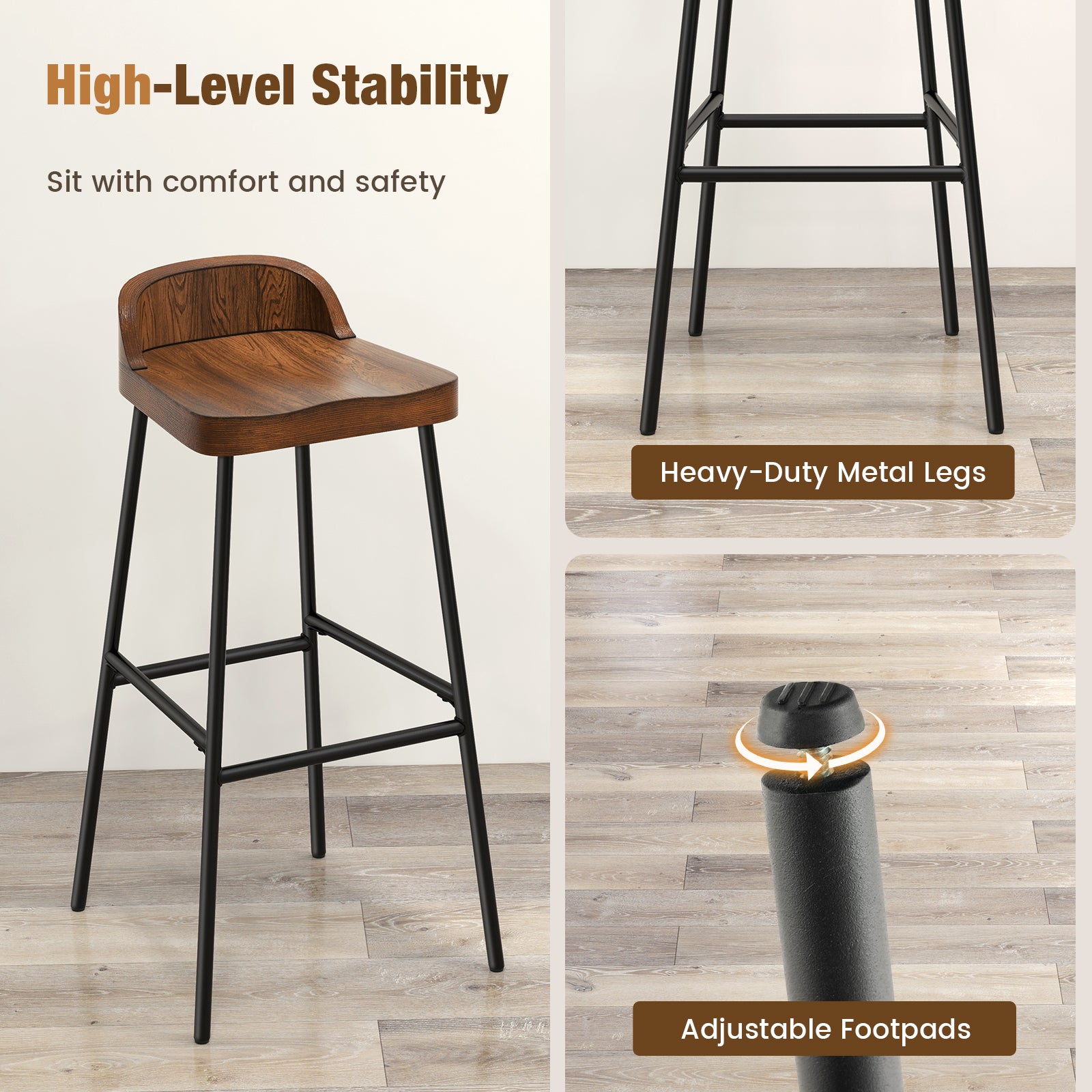 Wooden Bar Stool set of 2 with Chic Low Back and Metal Legs-Brown