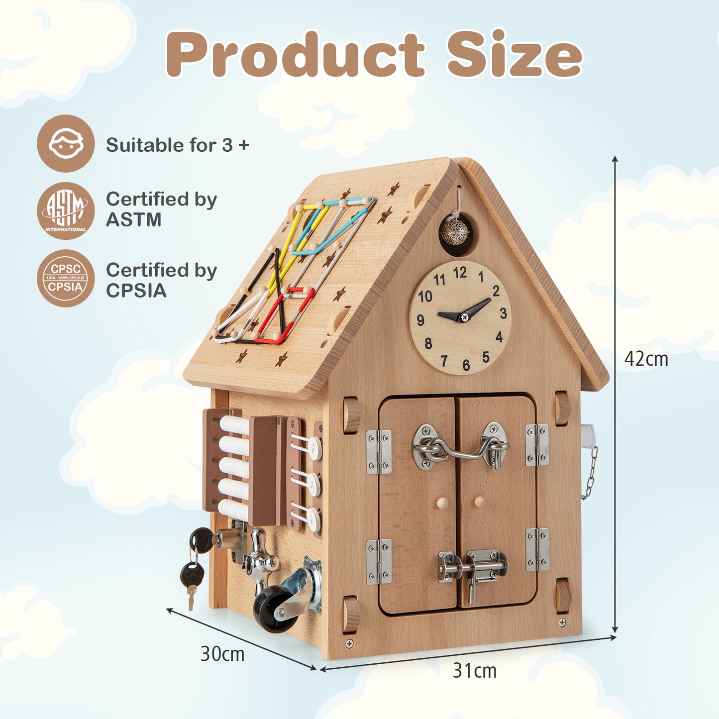 Wooden Busy House Toddler Learning Toy with Interior Space