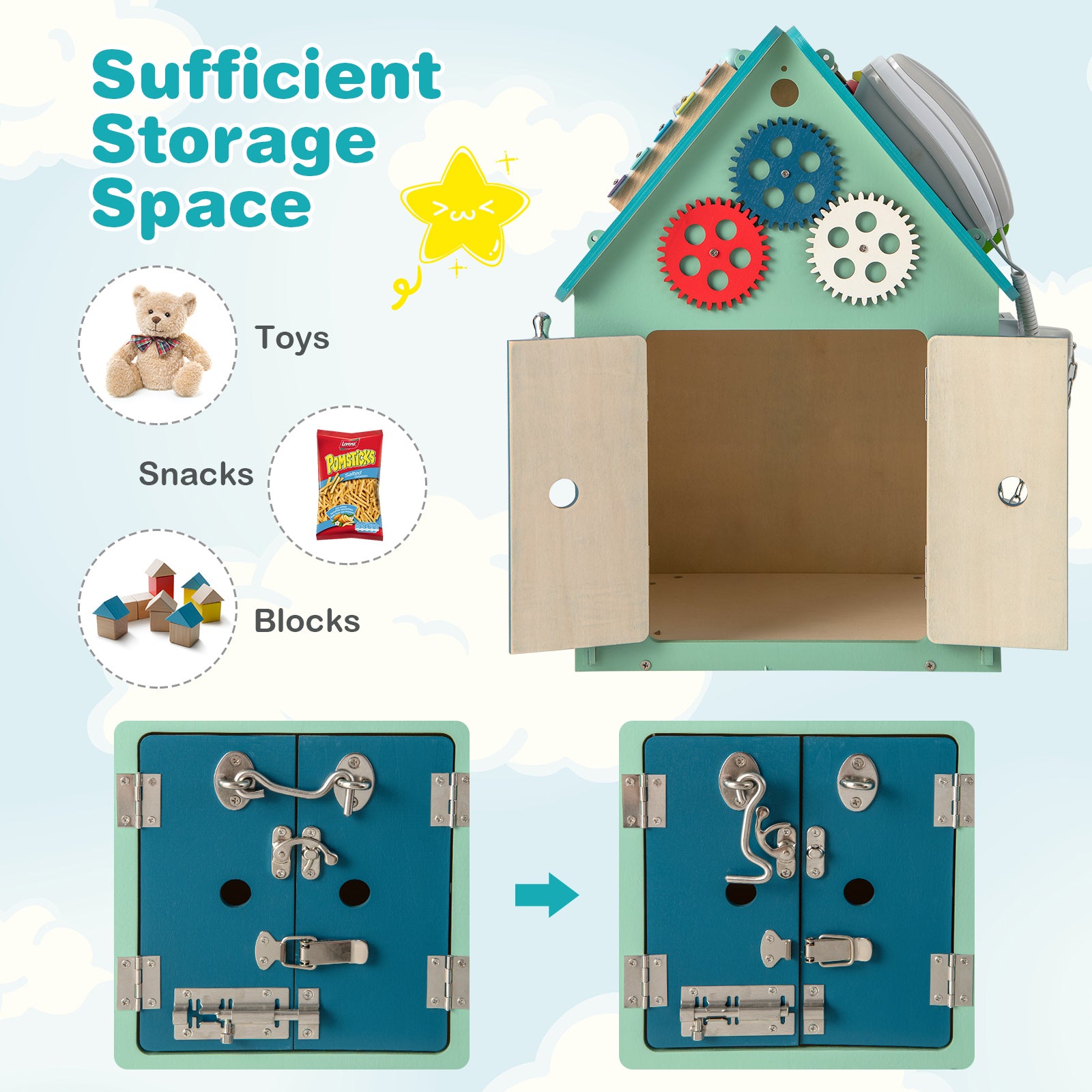 Wooden Busy House Toddler Learning Toy with Music Box-Blue