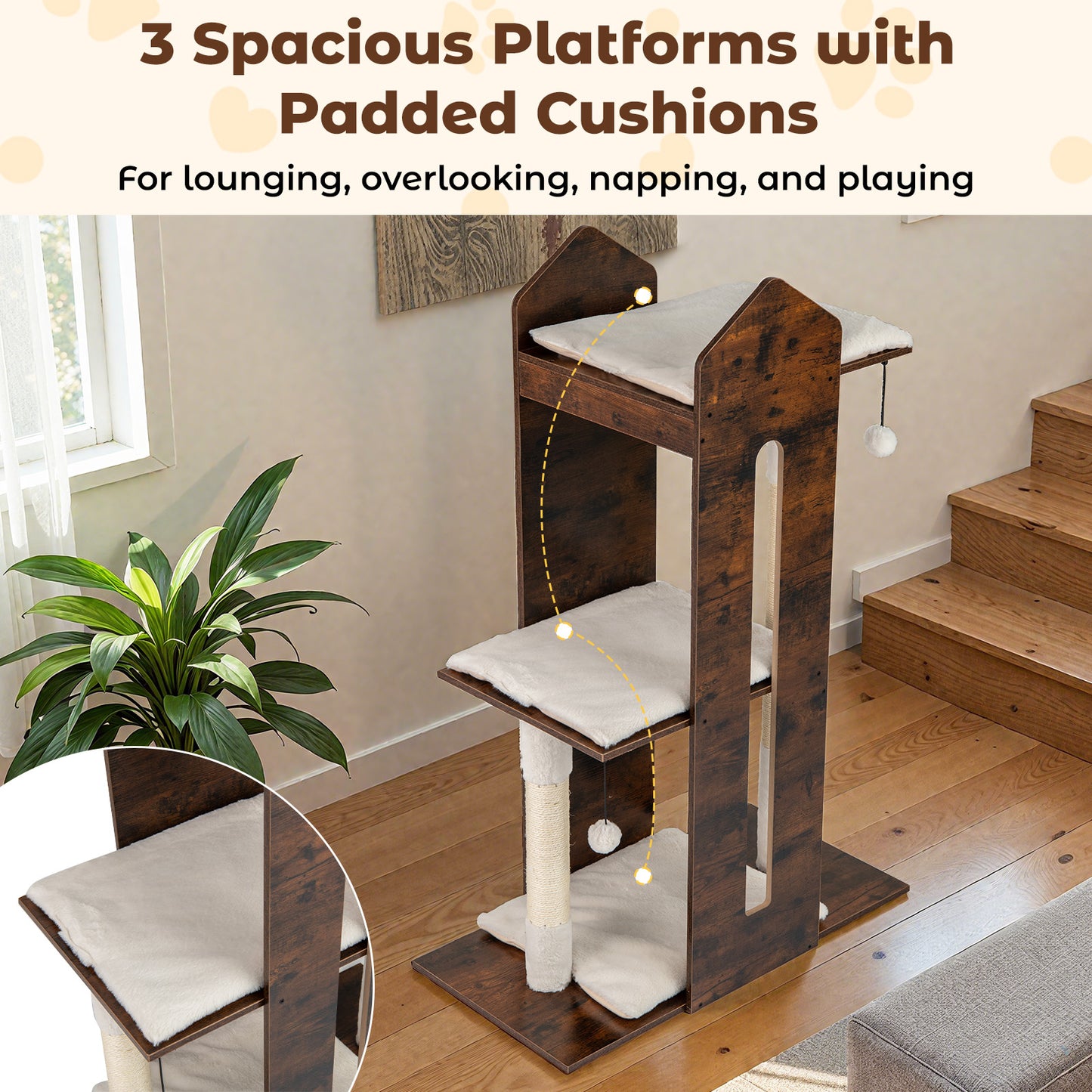 Wooden Cat Activity Center with Sisal Scratching Posts and Hanging Balls-Rustic Brown