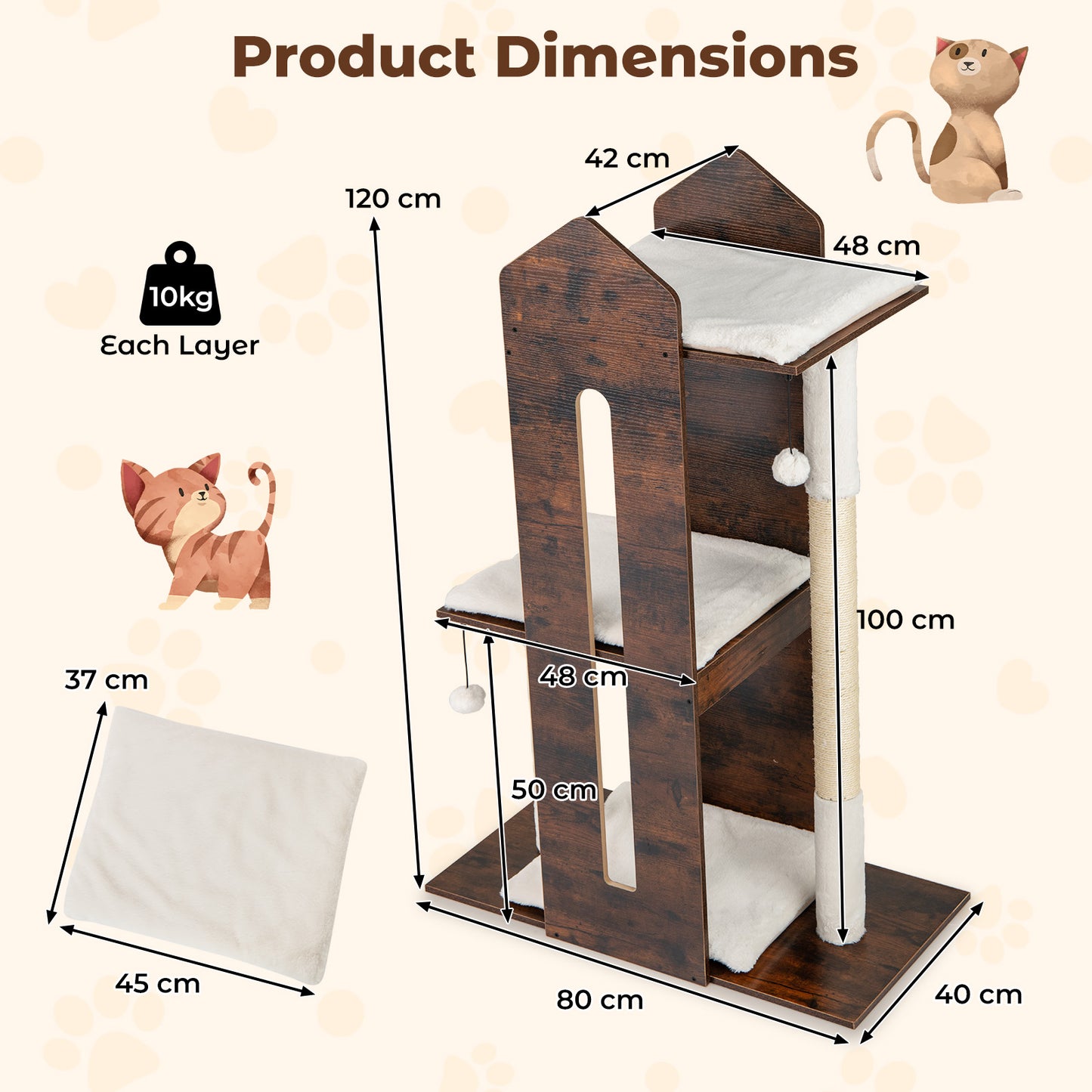 Wooden Cat Activity Center with Sisal Scratching Posts and Hanging Balls-Rustic Brown