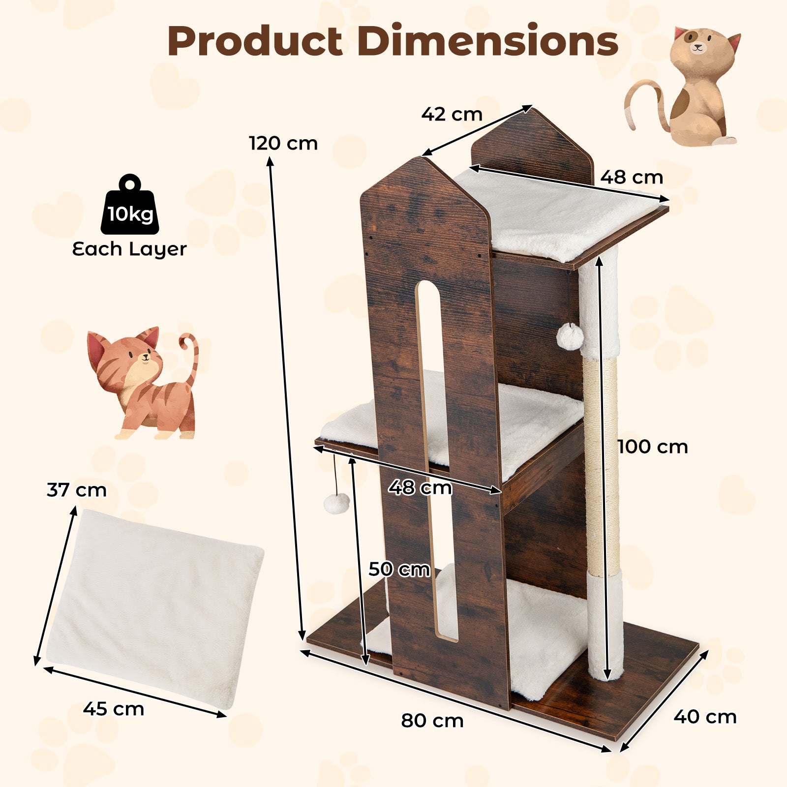 Wooden Cat Activity Center with Sisal Scratching Posts and Hanging Balls-Rustic Brown