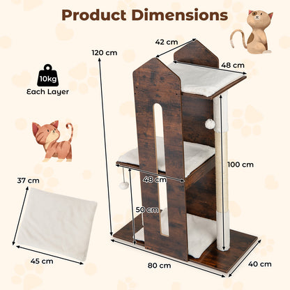 Wooden Cat Activity Center with Sisal Scratching Posts and Hanging Balls-Rustic Brown