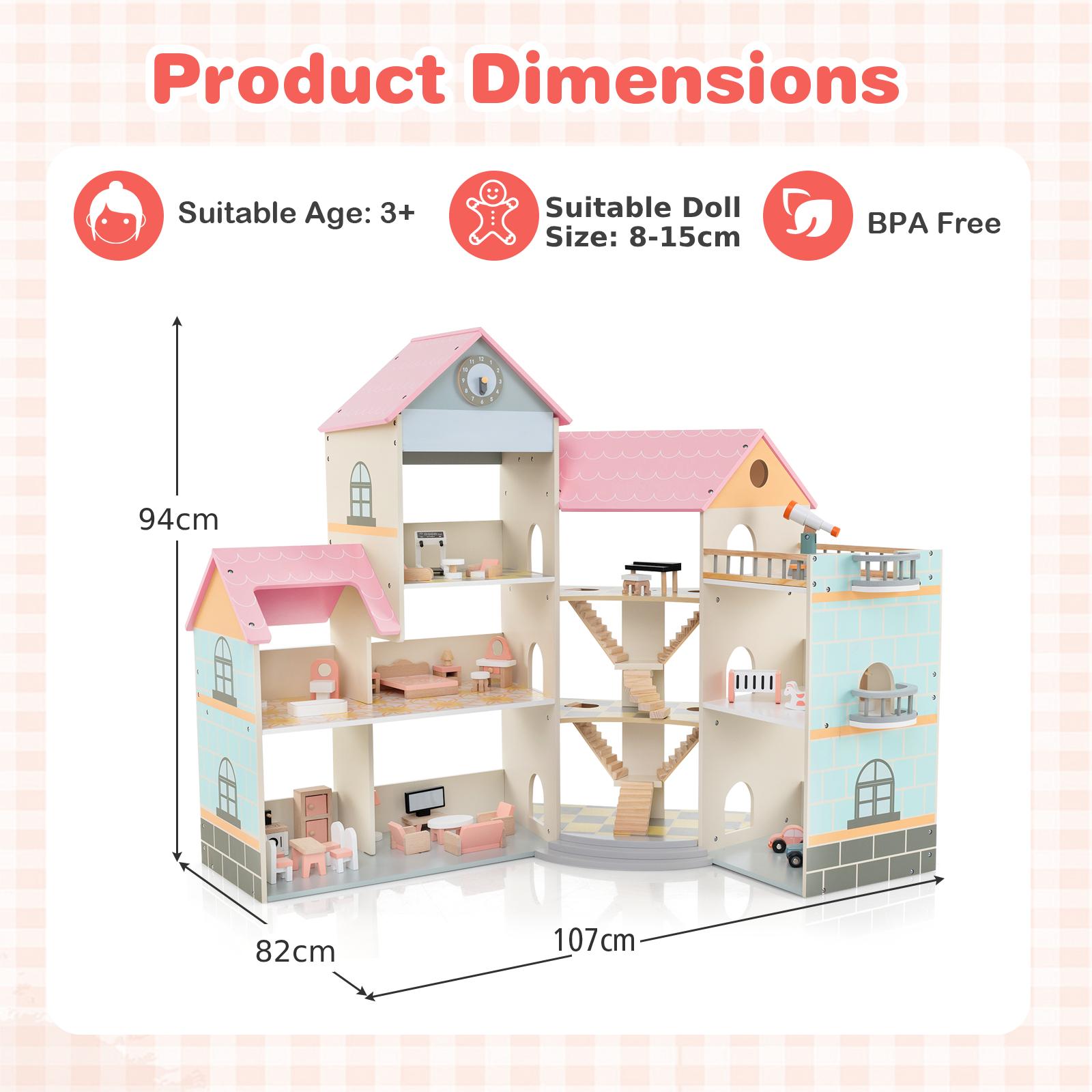 Wooden Corner Dollhouse Playset Pink Roof Doll House-Pink