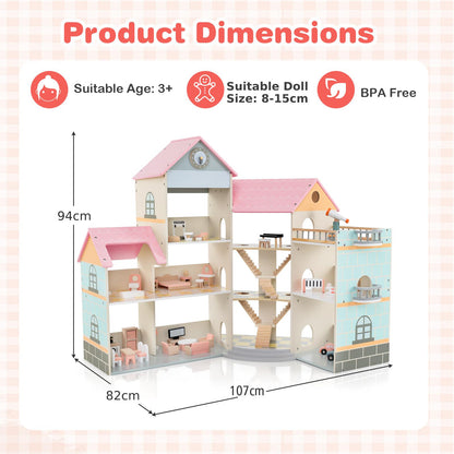 Wooden Corner Dollhouse Playset Pink Roof Doll House-Pink