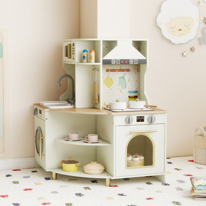 Wooden Corner Kitchen Playset with Working Faucet and Realist Sounds-Beige