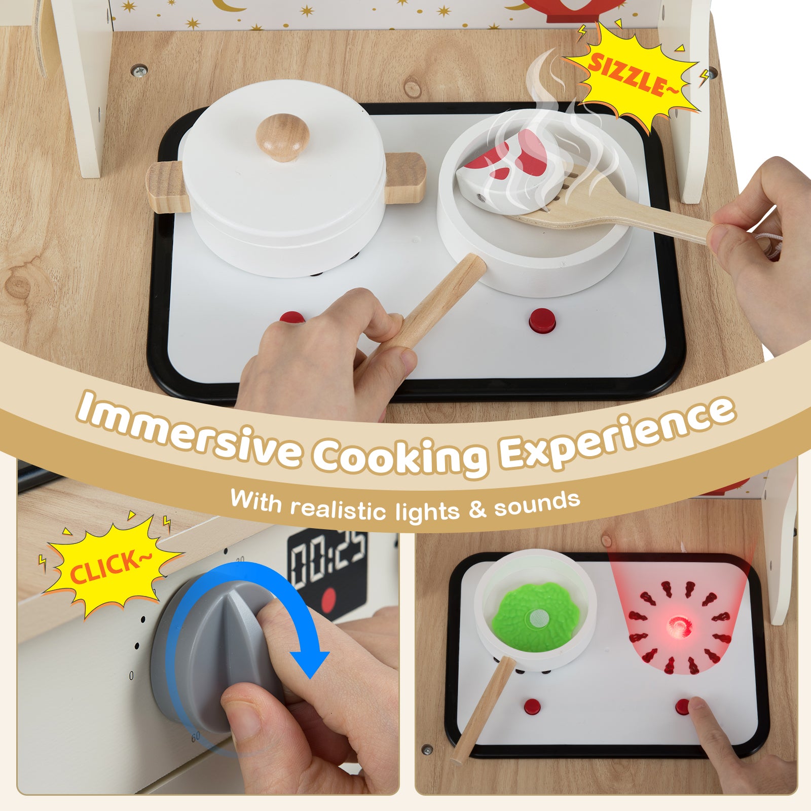Wooden Corner Kitchen Playset with Working Faucet and Realist Sounds-Beige