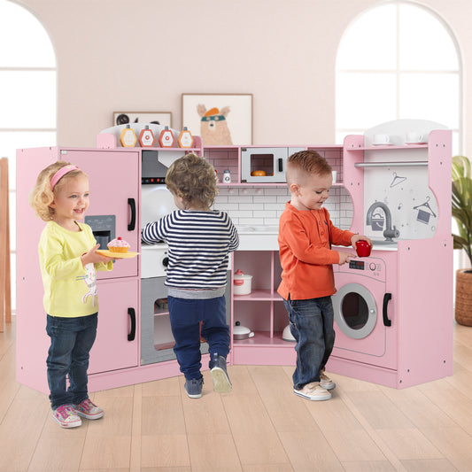 Wooden Corner Play Kitchen with Sounds and Lights-Pink