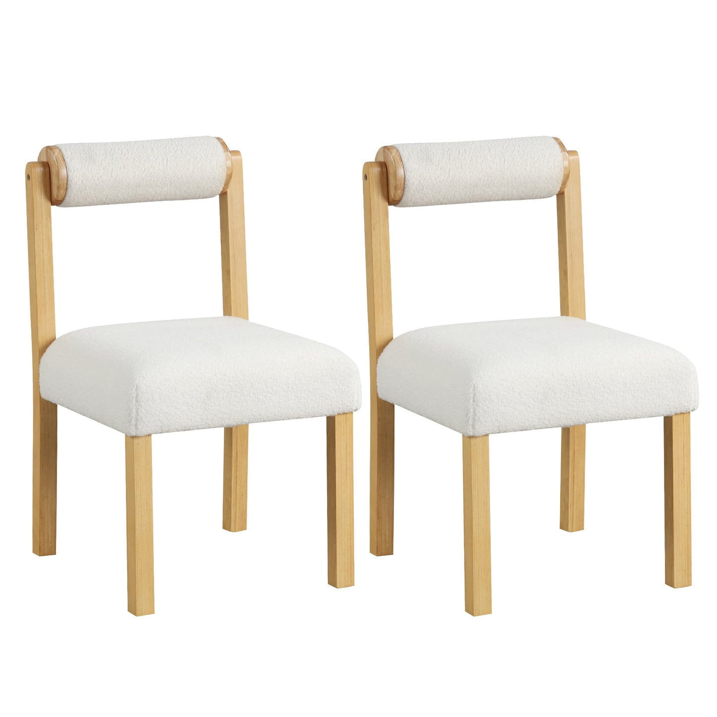 Wooden Dining Chair Set of 2 Faux Sherpa Upholstered Kitchen Chairs-White