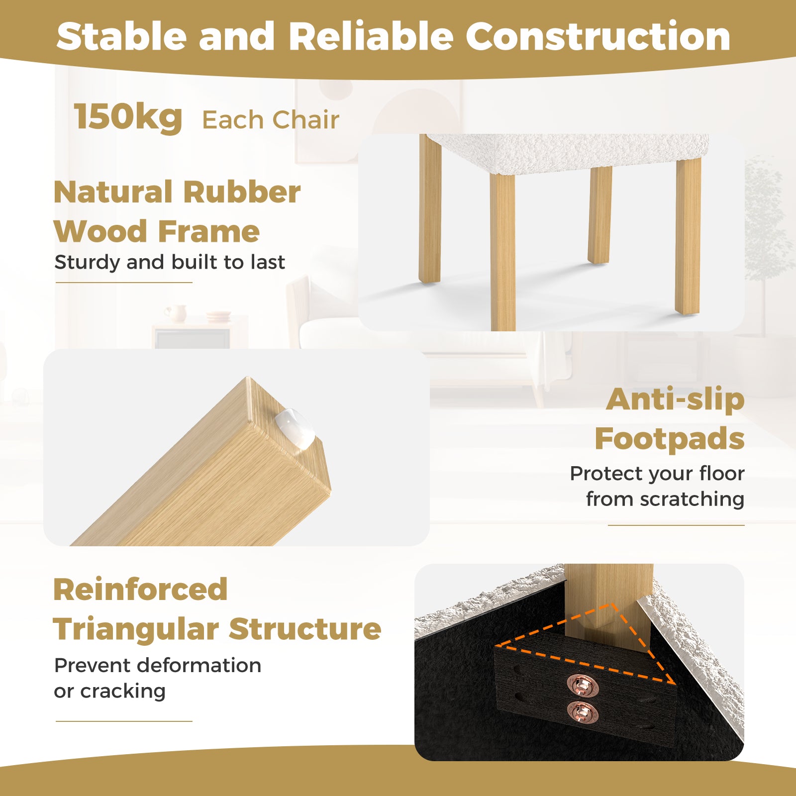 Wooden Dining Chair Set of 2 Faux Sherpa Upholstered Kitchen Chairs-White