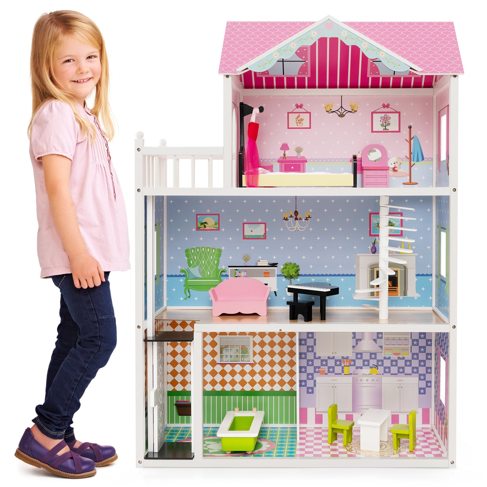 Wooden Dollhouse with Working Elevator and Rotatable Staircase-Pink