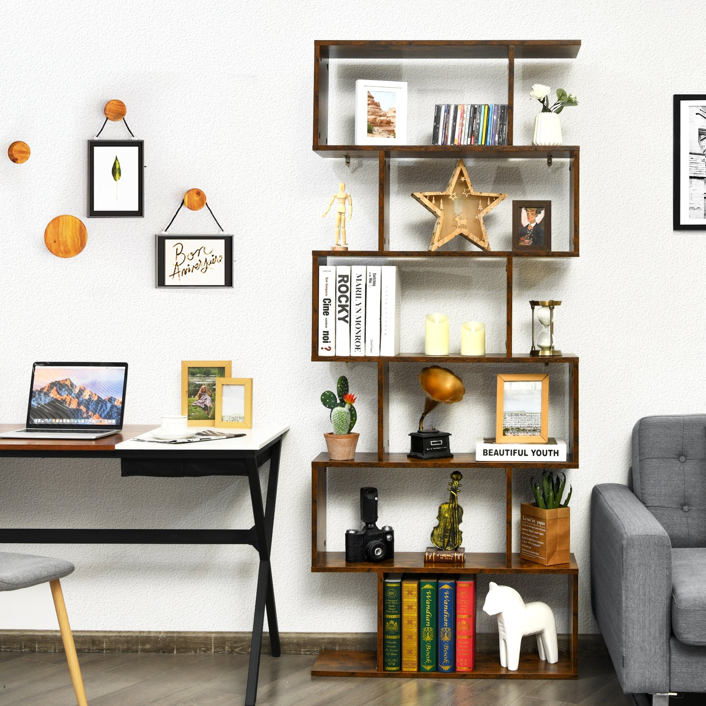 6-tier S-shaped Wooden Industrial Bookshelf-Brown