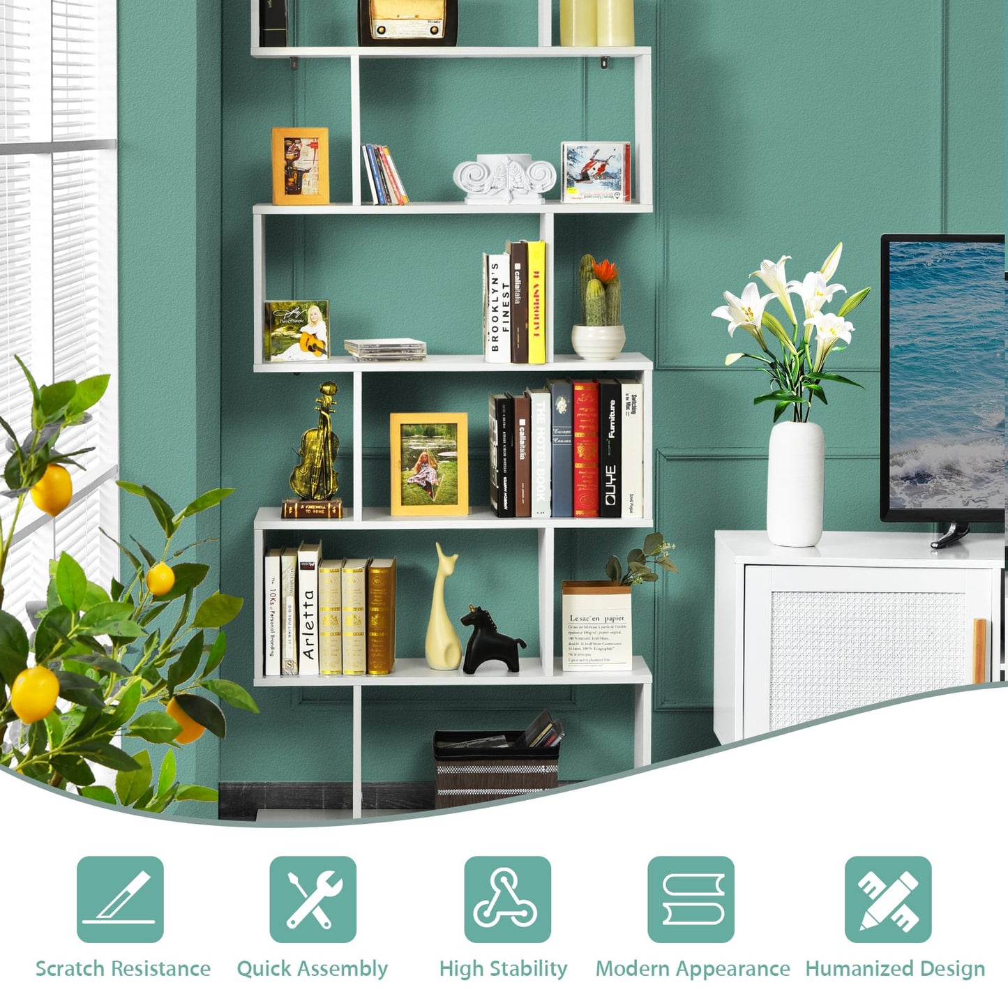 6-tier S-shaped Wooden Industrial Bookshelf-White