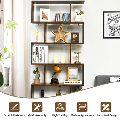 6-tier S-shaped Wooden Industrial Bookshelf-Brown
