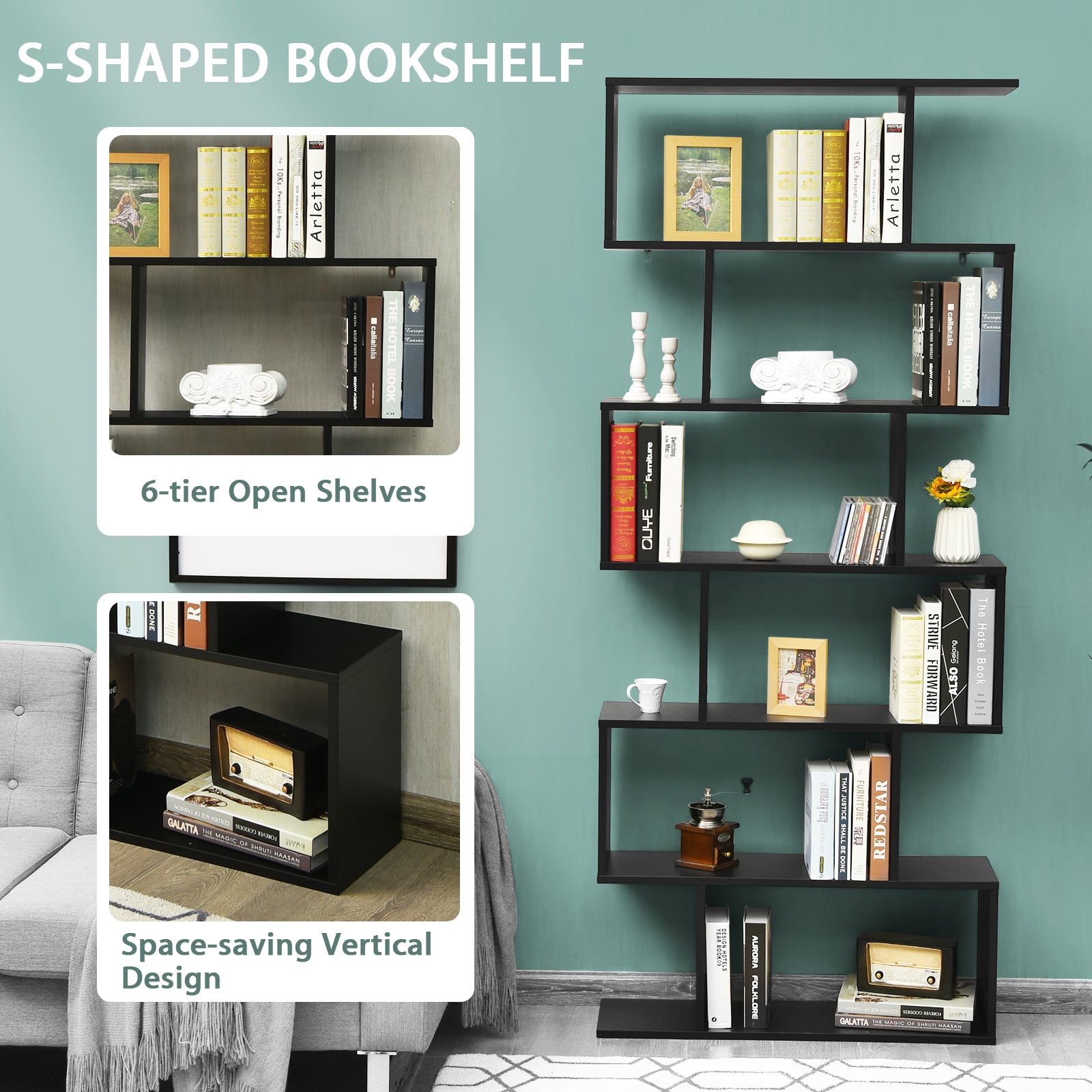 6-tier S-shaped Wooden Industrial Bookshelf-Black