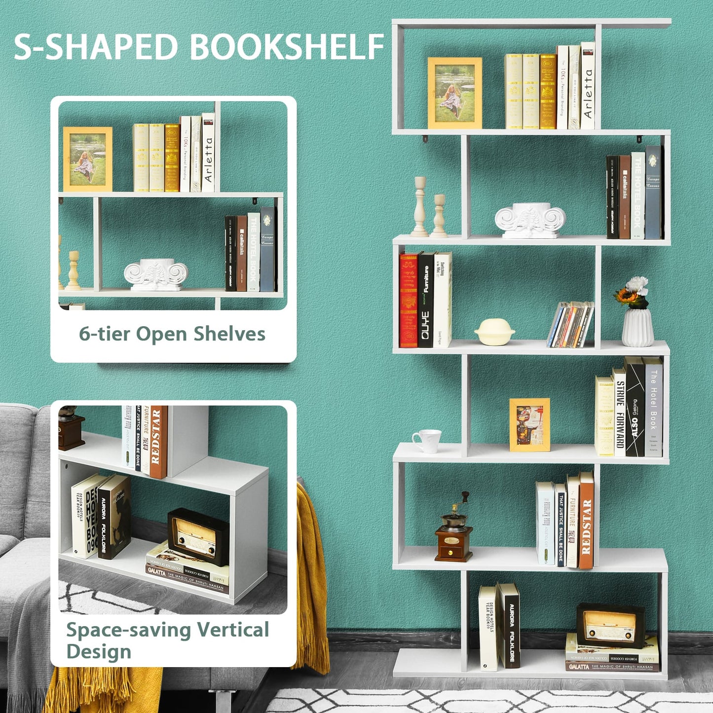 6-tier S-shaped Wooden Industrial Bookshelf-White