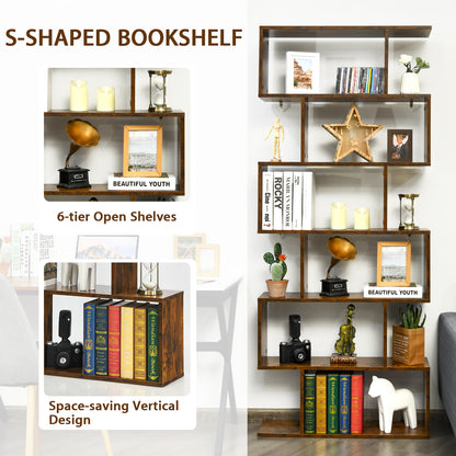 6-tier S-shaped Wooden Industrial Bookshelf-Brown
