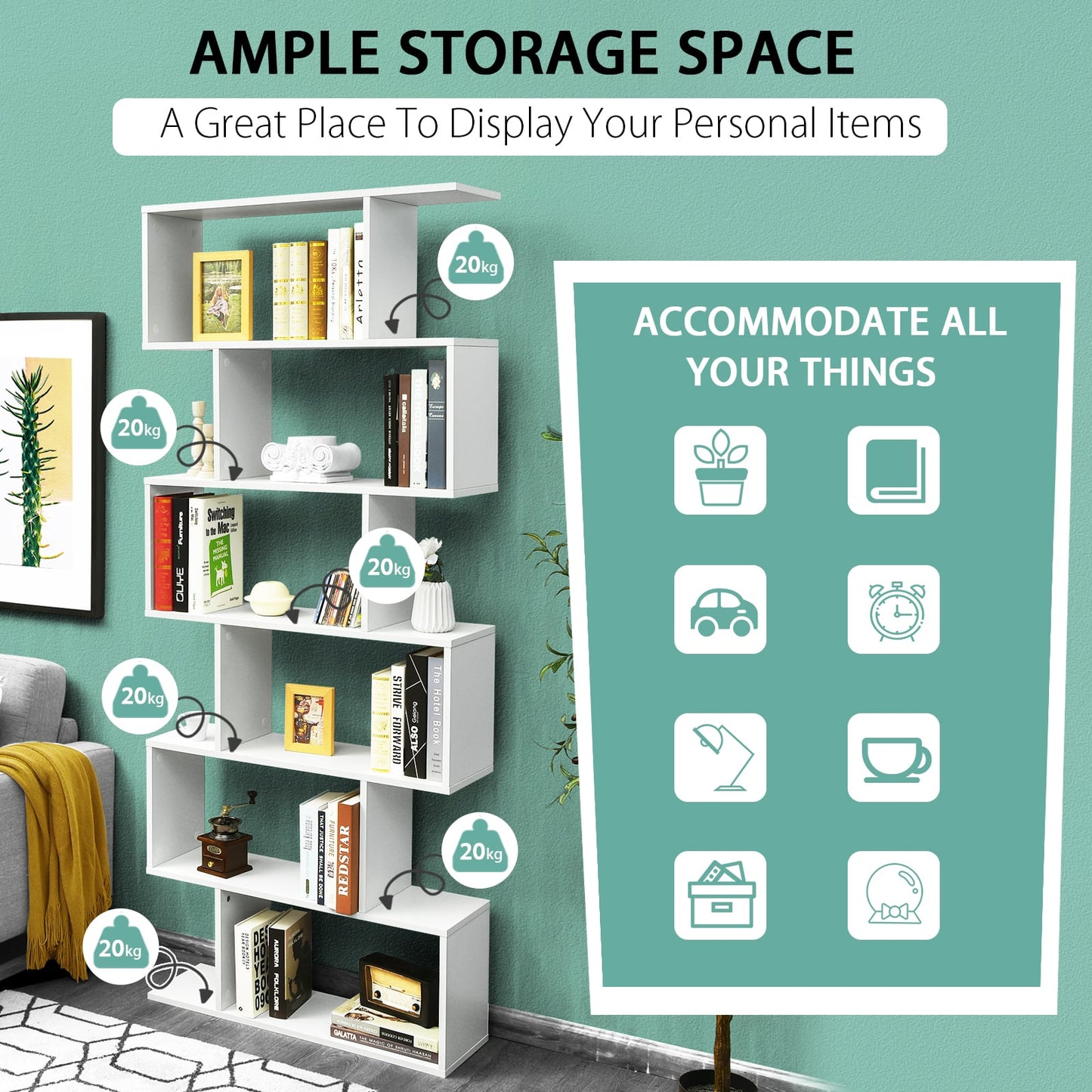 6-tier S-shaped Wooden Industrial Bookshelf-White