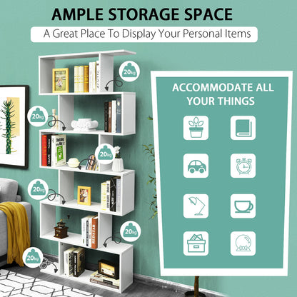 6-tier S-shaped Wooden Industrial Bookshelf-White
