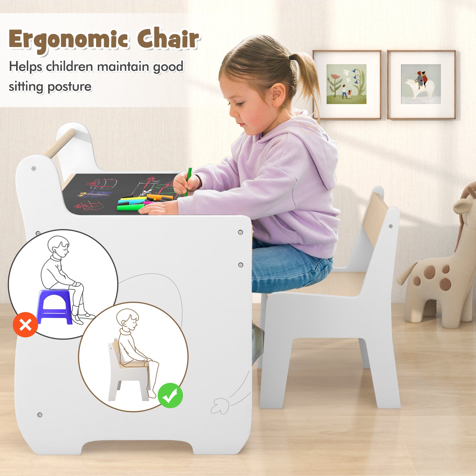 Wooden Kids Activity Table and Chair Set with 2 in 1 Detachable Tabletop-White