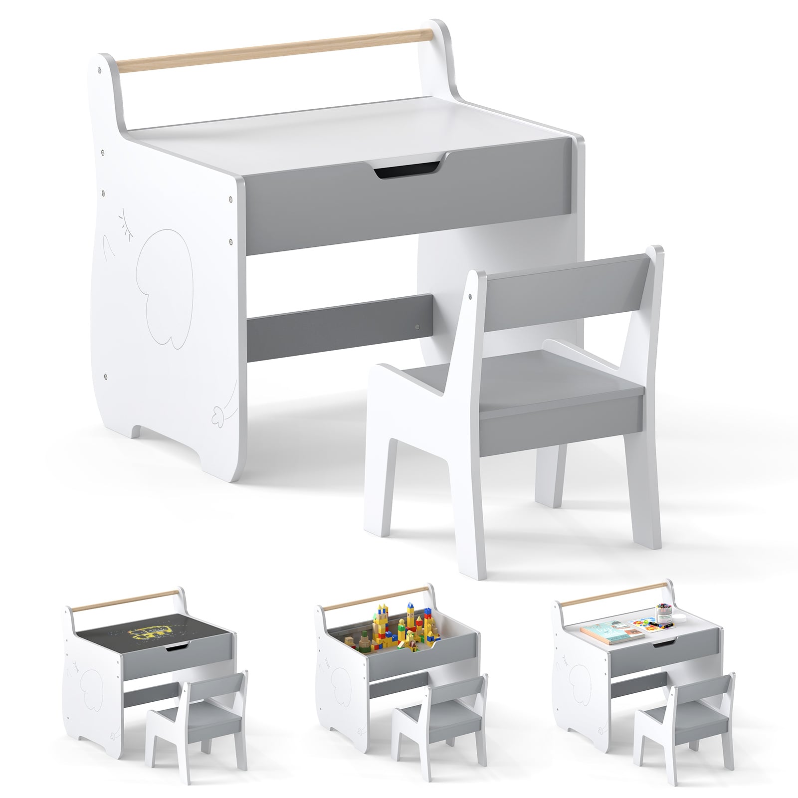 Wooden Kids Activity Table and Chair Set with 2 in 1 Detachable Tabletop-Light Grey