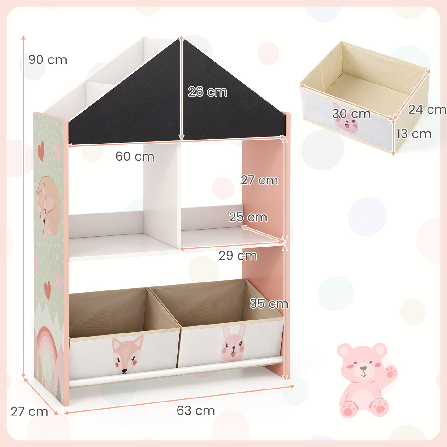 Wooden Kids Dollhouse Bookshelf Toy Storage Organizer with Chalkboard-Pink