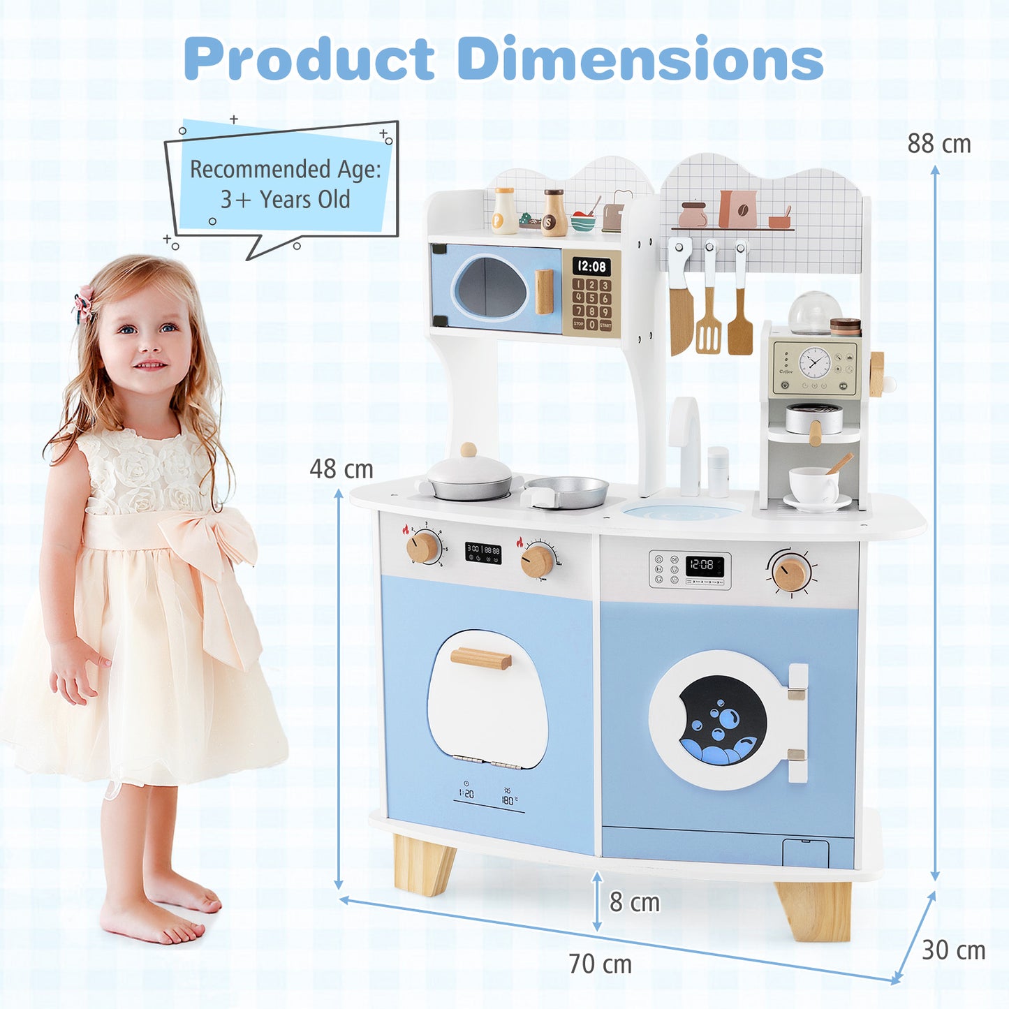 Wooden Kids Kitchen Playset Play Kitchen with Coffee Maker for 3+ Years Old-Blue