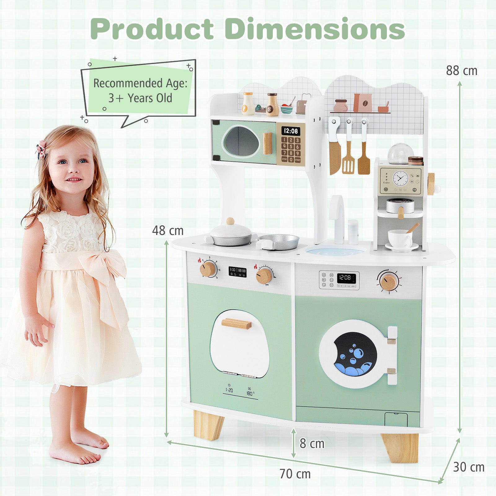 Wooden Kids Kitchen Playset with Coffee Maker for 3+ Years Old-Green
