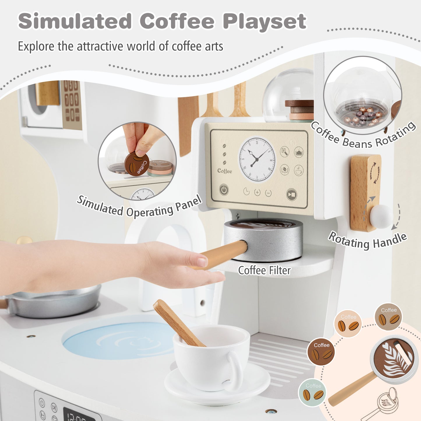 Wooden Kids Kitchen Playset with Coffee Maker for 3+ Years Old-White