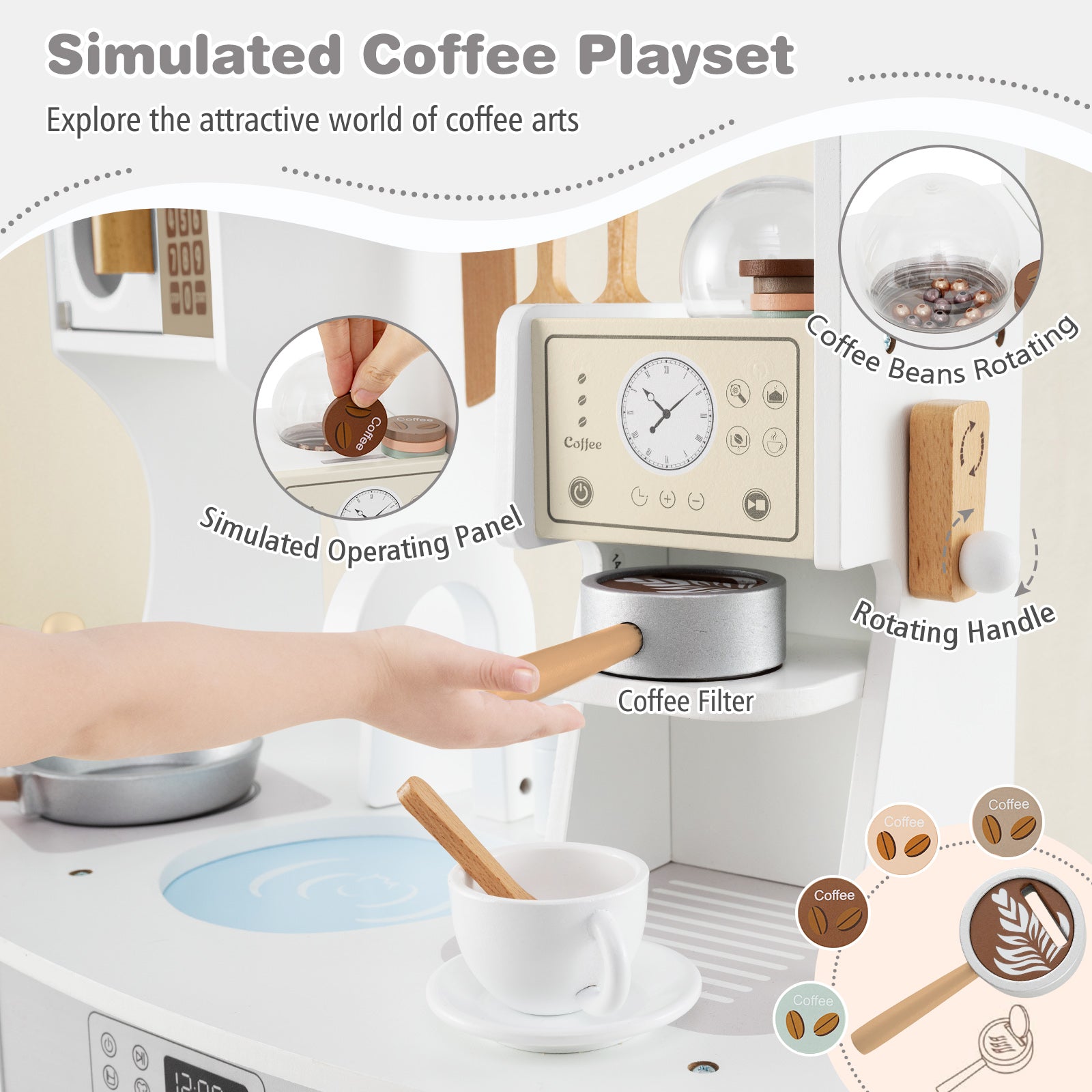 Wooden Kids Kitchen Playset with Coffee Maker for 3+ Years Old-White