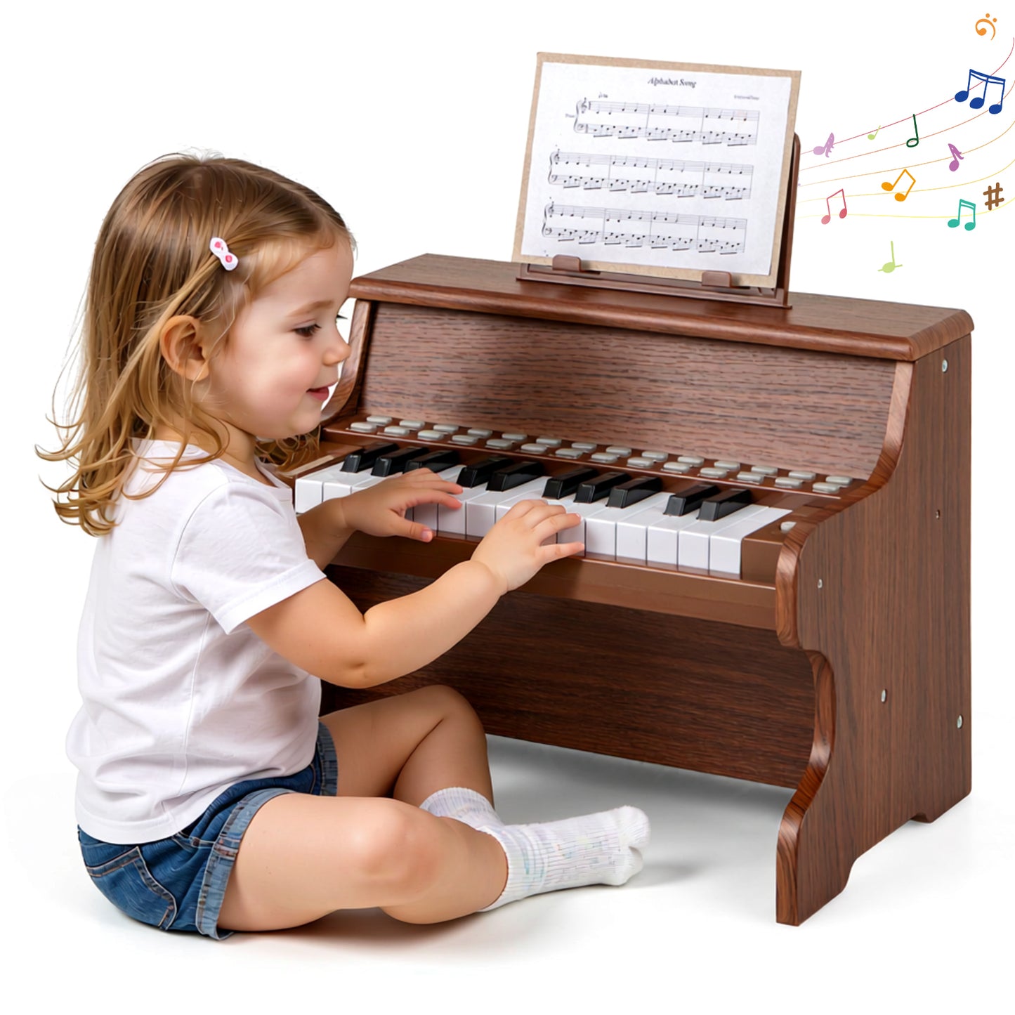 Wooden Kids Piano Keyboard 25 Keys Digital Piano with Music Stand Music Learning Gift for 3+ Kids-Brown