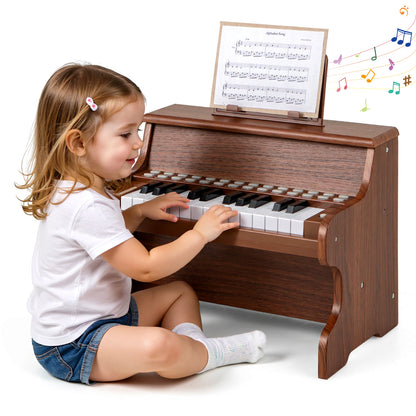 Wooden Kids Piano Keyboard 25 Keys Digital Piano with Music Stand Music Learning Gift for 3+ Kids-Brown