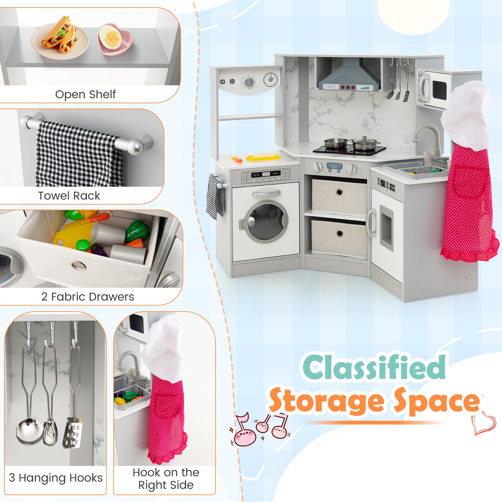 Wooden Kids Play Kitchen Corner with Lights and Water Circulation System-Grey