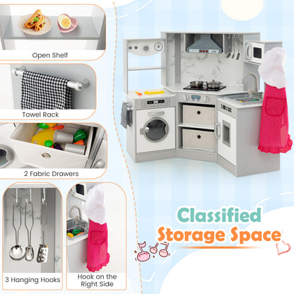 Wooden Kids Play Kitchen Corner with Lights and Water Circulation System-Grey