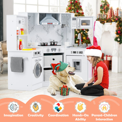 Wooden Kids Play Kitchen Corner with Lights and Water Circulation System-White