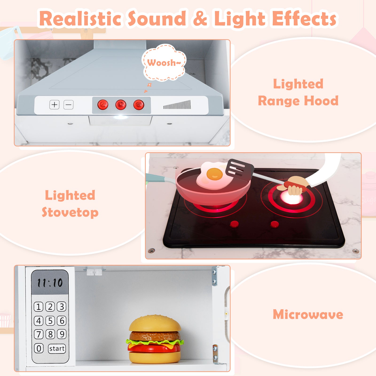 Wooden Kids Play Kitchen Corner with Lights and Water Circulation System-White