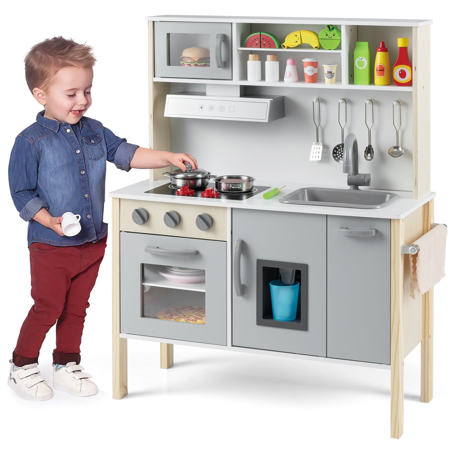 Wooden Kids Play Kitchen Set with Microwave Stoves Oven-Grey