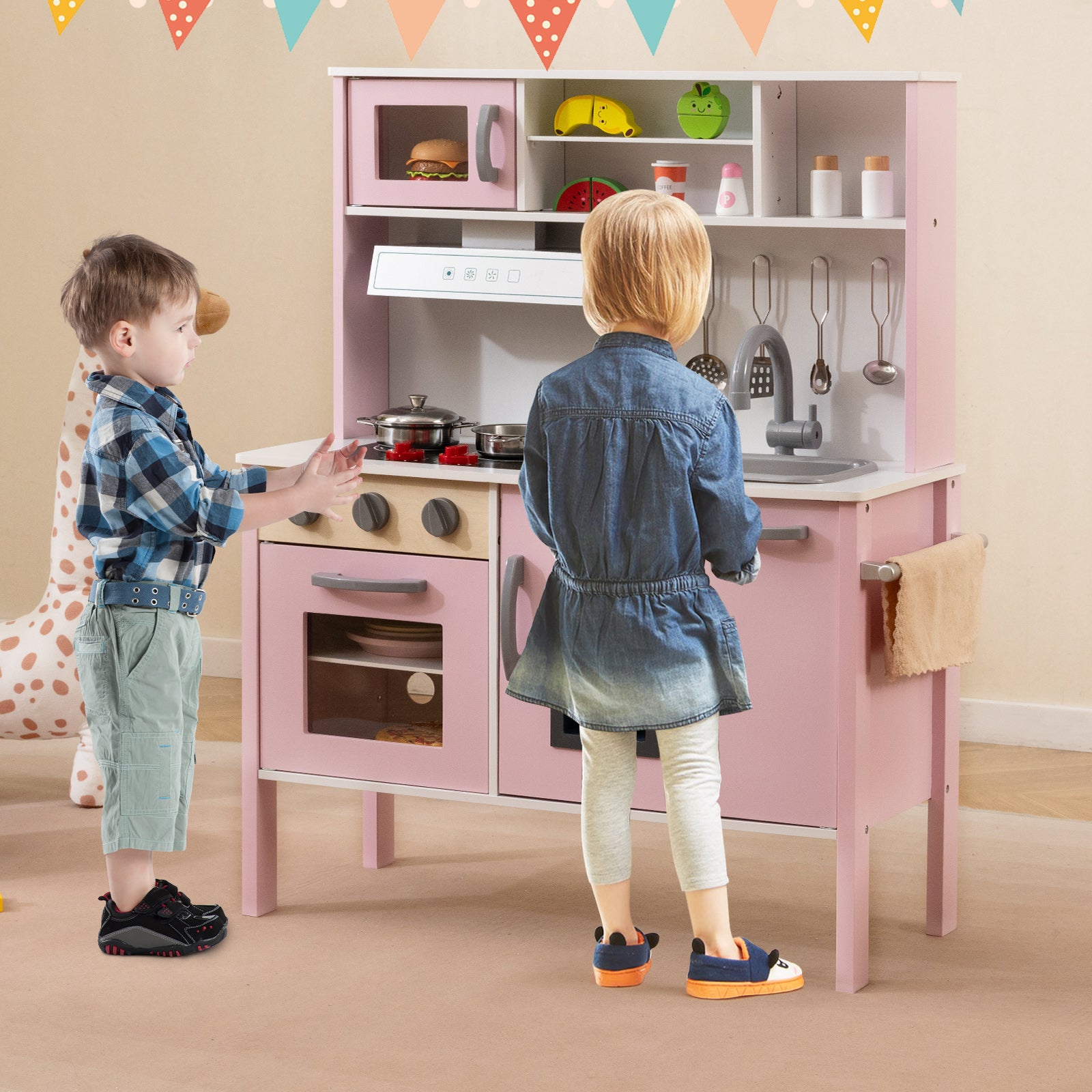 Wooden Kids Play Kitchen Set with Microwave Stoves Oven-Light Pink