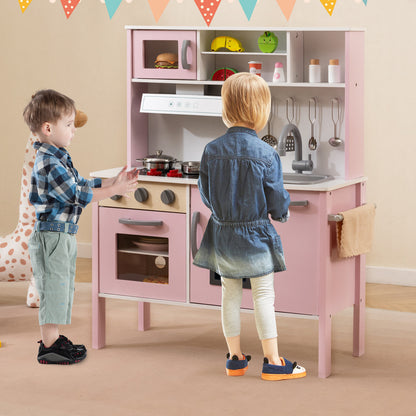 Wooden Kids Play Kitchen Set with Microwave Stoves Oven-Light Pink