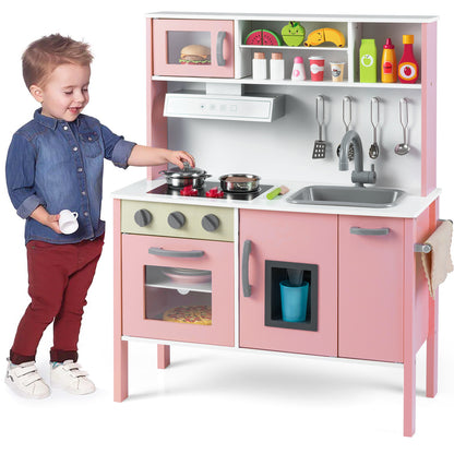 Wooden Kids Play Kitchen Set with Microwave Stoves Oven-Light Pink