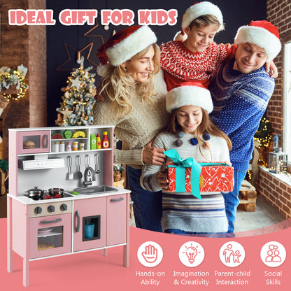 Wooden Kids Play Kitchen Set with Microwave Stoves Oven-Light Pink